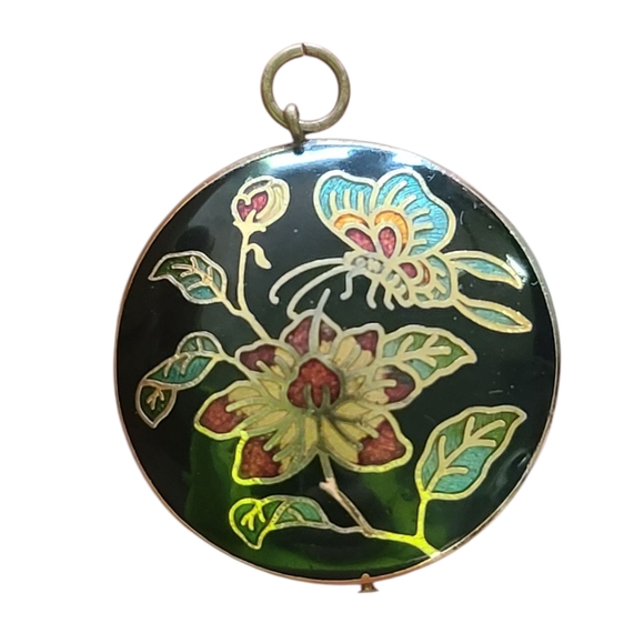 Vintage Jewelry - Floral Enamel Pendant, Cloisonne With Butterfly On Black
